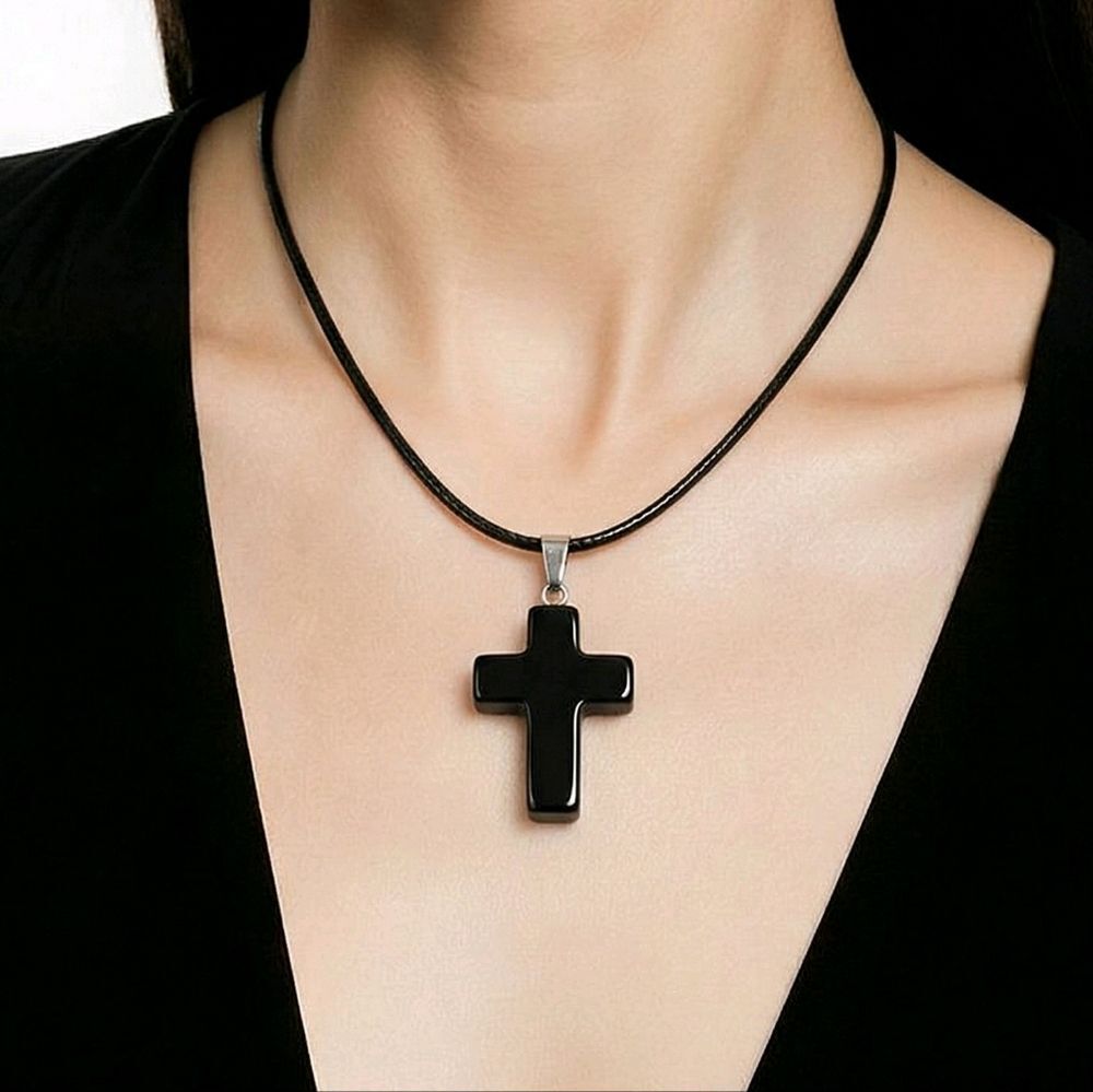 Black Obsidian Cross Necklace Natural Stone Pendant Gothic Minimalist Wax Cord